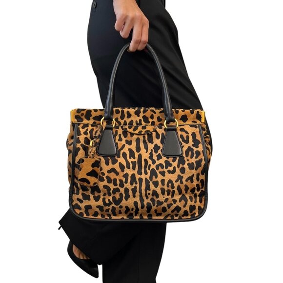 PRADA Vintage Logo Leopard Shoulder Tote Bag Camel Black Calf Hair  [103974] - Picture 5 of 14